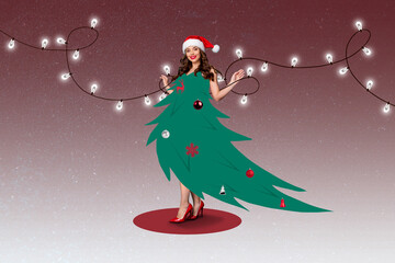 Creative collage picture of gorgeous girl drawing newyear tree decorated dress garland lights...