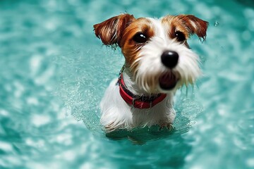 Jack Russell Terrier dog swimming in a swimming pool