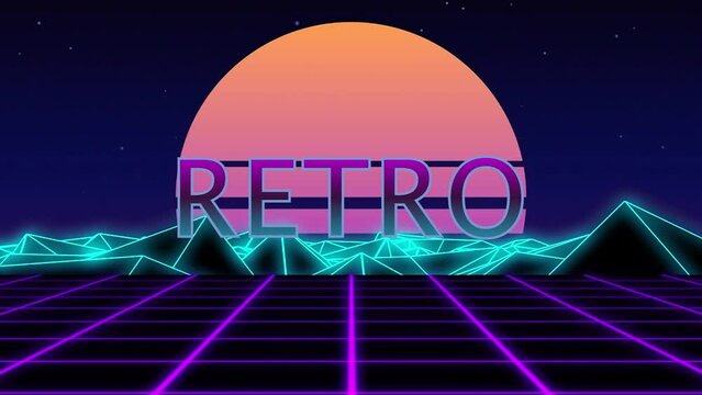 Cool intro Abstract geometric Retro futuristic style title text animation on a grid neon and sunset background 
