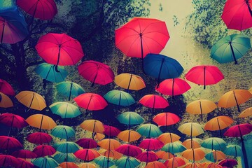 Fototapeta na wymiar beautiful street with many random color umbrellas