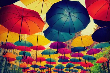 Fototapeta na wymiar beautiful street with many random color umbrellas