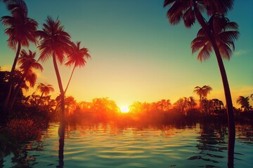 Plakat lush tropical lagoon sunset