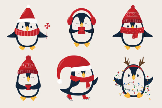 Set of christmas pinguins in flat style. Winter pinguins in red hats and scarf on white background. Merry Christmas concept with cute birds