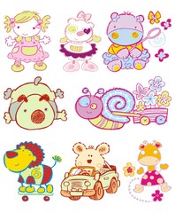 Pets, animals, characters, bear, car, girl, giraffe, mascots, localized prints, baby fashion, art with colorful animals,