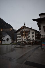 Town in Austrian Alps on a rainy day