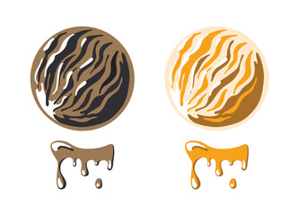 A set of delicious ice cream balls with chocolate and caramel filling. Liquid caramel and chocolate. Flat illustration for printing on textiles, clothes. Design element for labels, stickers.