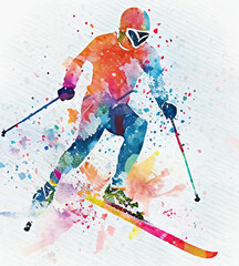 Cross-country skiing. Watercolor illustration of a cross-country skier