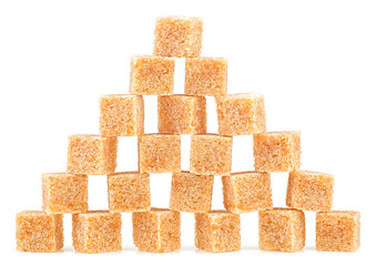 Brown cane sugar pyramid isolated on a white background. Brown sugar cubes.
