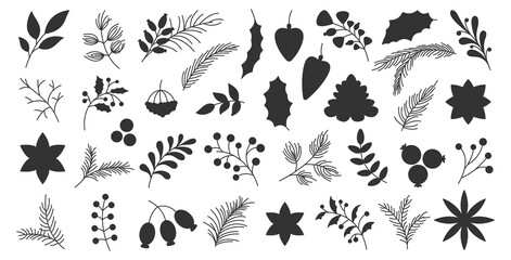 Winter autumn berry christmas tree spruce branch leaf stencil black silhouette set. Poinsettia fir pine cone star anise viburnum print festive garden home plant decor card invitation sticker print