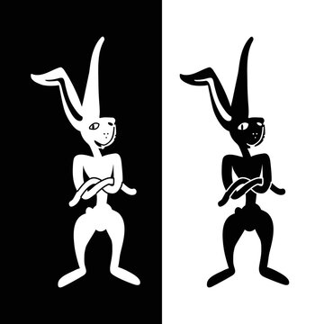 Charismatic rabbit character in black and white graphic style. Cheerful brutal Easter Bunny stands with paws folded on his chest. Symbol of 2023. Element for engraving, embossing, laser.