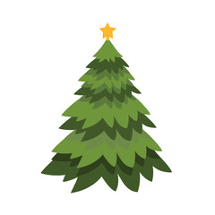 Graphic illustration of Christmas green tree with Star . Idea for banner , icon, print, stickers, art, books, children’s cartoon, magazine 