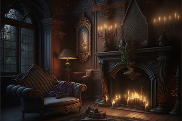 Gothic mansion victorian living room fireplace and candles interior design illustration - obrazy, fototapety, plakaty