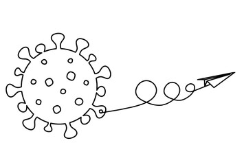 Abstract sign of corona virus with paper plane as line drawing on white background. Vector