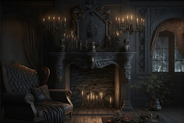 Gothic mansion victorian living room fireplace interior design illustration - obrazy, fototapety, plakaty