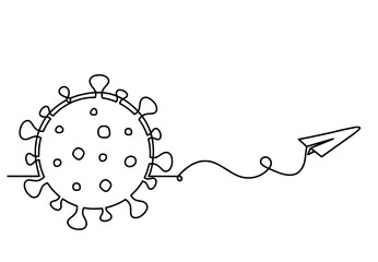 Abstract sign of corona virus with paper plane as line drawing on white background. Vector