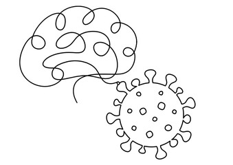 Abstract sign of corona virus with brain as line drawing on white background. Vector
