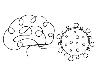 Abstract sign of corona virus with brain as line drawing on white background. Vector