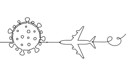 Abstract sign of corona virus with plane as line drawing on white background. Vector