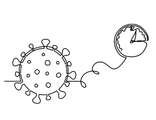 Abstract sign of corona virus with clock as line drawing on white background. Vector