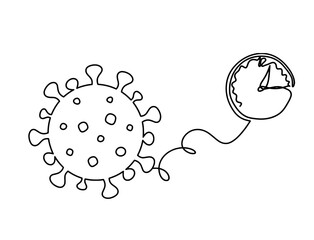 Abstract sign of corona virus with clock as line drawing on white background. Vector