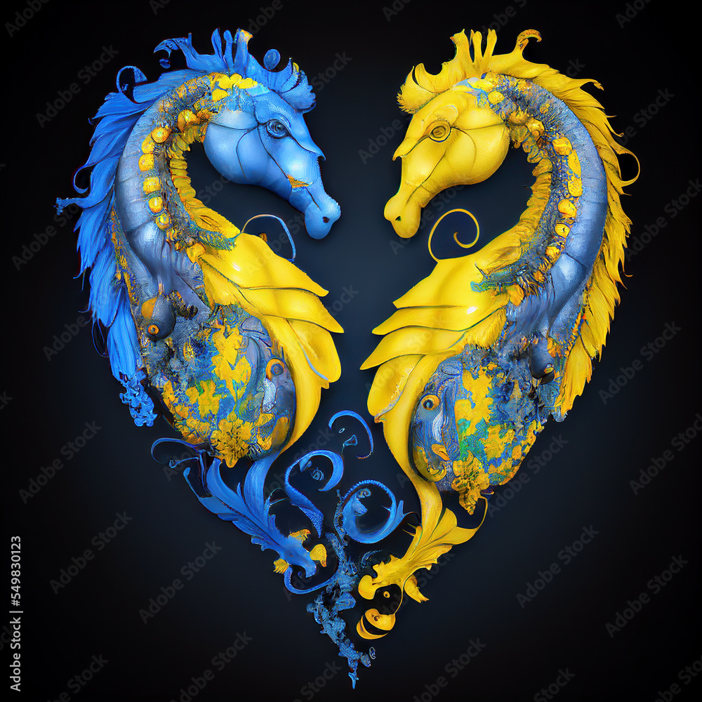 Wall mural Two seahorses forming a heart shape with ukraine flag colors. Love concept