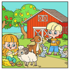 Children feed animals on the farm near the barn color variation coloring book on a white background