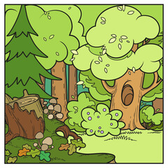 Obraz na płótnie Canvas Old fairy tale forest with glade and big old stump with toadstools on the front plane color variation for coloring page isolated on white background
