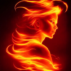 Fototapeta na wymiar digital drawing of a woman's fiery head surrounded by flames