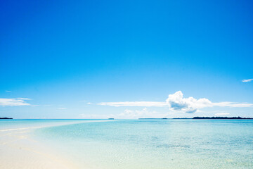 A long white sandy road gradually appears on the sea at low tide. This place is located in Rock Island Area in Palau and is called “Long Beach”