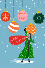 Collage picture excited lady wear green coat hold glass bottle champagne cheers merry xmas isolated on painted blue background near hanging baubles