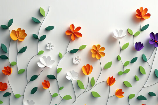 3d render, digital illustration, colorful paper flowers wallpaper, spring summer background, floral bouquet isolated on white, vibrant colors, mint pink orange yellow