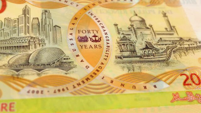 Brunei Brunei Dollar 20 Banknotes, Twenty Brunei Dollar, Close-up and macro view of the Brunei Dollar, Tracking and Dolly Shots 20 Brunei Dollar banknote Observe and Reserve Side, Brunei Dollar Money