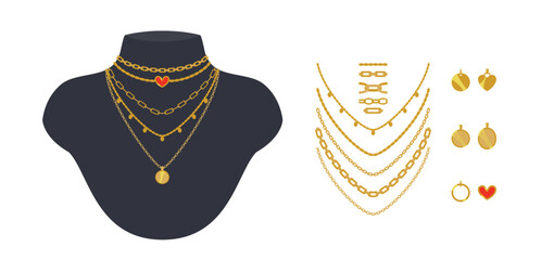 Golden chain necklaces and pendants set. Vector cartoon trendy minimalistic jewelry. Isolated objects for design with chain brushes included. 