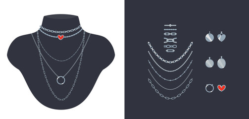 Set of trendy minimalistic necklaces, chains, and beads with silver or platinum pendants. With chain brushes. Jewelry are displayed on black mannequin busts. Vector cartoon clip art for fashion art. 