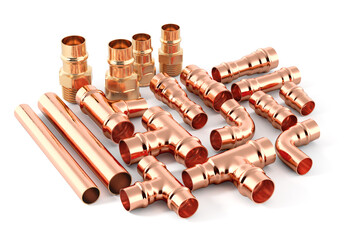Plumbing copper elements on a white background. 3d illustration