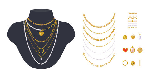 Set of trendy minimalistic necklaces, chains, and beads with golden and peral pendants. Chain brushes include. Jewelry are displayed on black mannequin busts. Vector cartoon clip art for fashion art.  - 549832361
