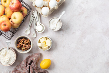 Ingredients for a sweet apple pie on a stone light background.