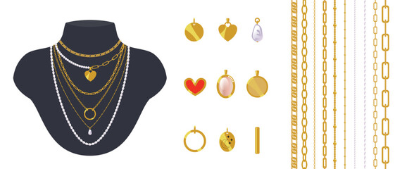 Vector cartoon trendy necklaces set. Golden pendants collection isolated on white. Metal and pearl chains brushes. Mannequin bust with layered minimalistic jewelry.  - 549832391