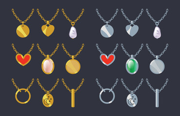 Collection of elegant minimalistic pendants. Golden and silver trendy necklaces vector cartoon illustration. Isolated jewelry elements clip art.  - 549832394