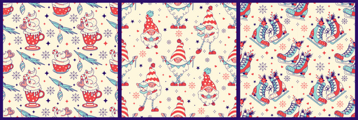 Cozy set of Christmas Noel seamless patterns with traditional New year accessories and characters:fun gnomes in santa hats, vintage skating, cup of warm cacao.Xmas concepts for wrapping paper, fabric
