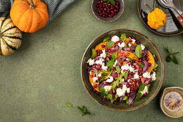 Autumn salad of baked pumpkin, chorizo and mozzarella. The concept of healthy eating. The concept of autumn nutrition.