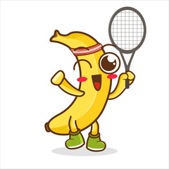 vector illustration of cute banana fruit sport or character play badminton. cute banana fruit Concept White Isolated.
