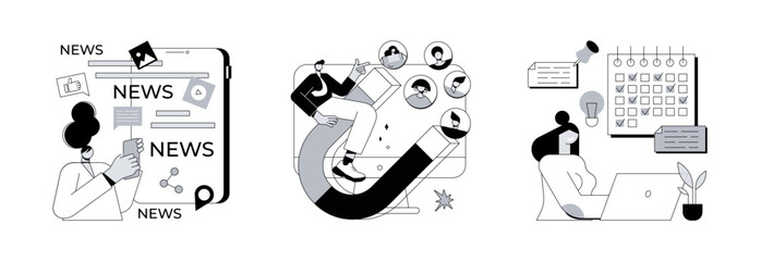 Content marketing service abstract concept vector illustration set. Mobile content, attracting followers, regular blog posts, live stream, follow social media, online notification abstract metaphor.