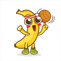 Banana Fruit cartoon mascot character with a basketball