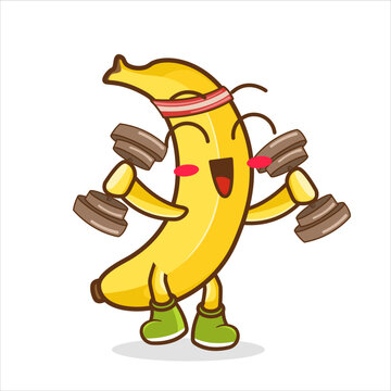Banana lifting dumbbell vector. cartoon character