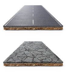 Set of asphalt roads on pieces of ground, front view on a new reconstructed smooth road and old cracked road, isolated on white background, 3d illustration