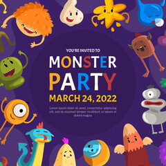Cartoon Monster Character with Funny Face on Vector Party Invitation Card Template
