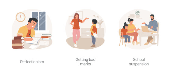 School student problems isolated cartoon vector illustration set. Perfectionism, stressed student study, getting bad marks, low academic performance, school suspension, exclusion vector cartoon. © Vector Juice