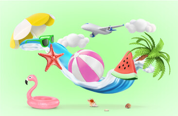 Composition of summer things with a wave. Vector illustration