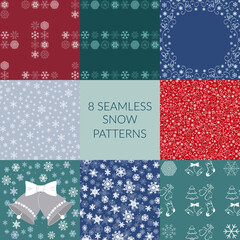 Set of 8 seamless patterns with snowflakes. Vector illustration